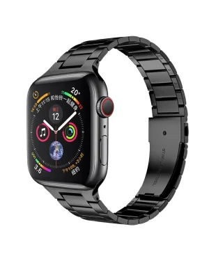 Black stainless steel smartwatch with colorful digital display and metal band