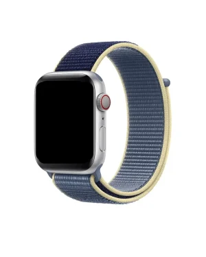Silver Apple Watch with Alaskan Blue and cream nylon sport loop band