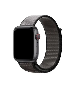 Black sport smartwatch with gray nylon sport loop band and red crown