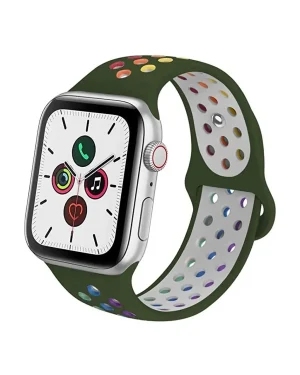 Green sport band smartwatch with colorful rainbow pride dot design pattern