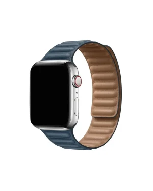 Apple Watch Leather Link band in Baltic Blue with tan leather design