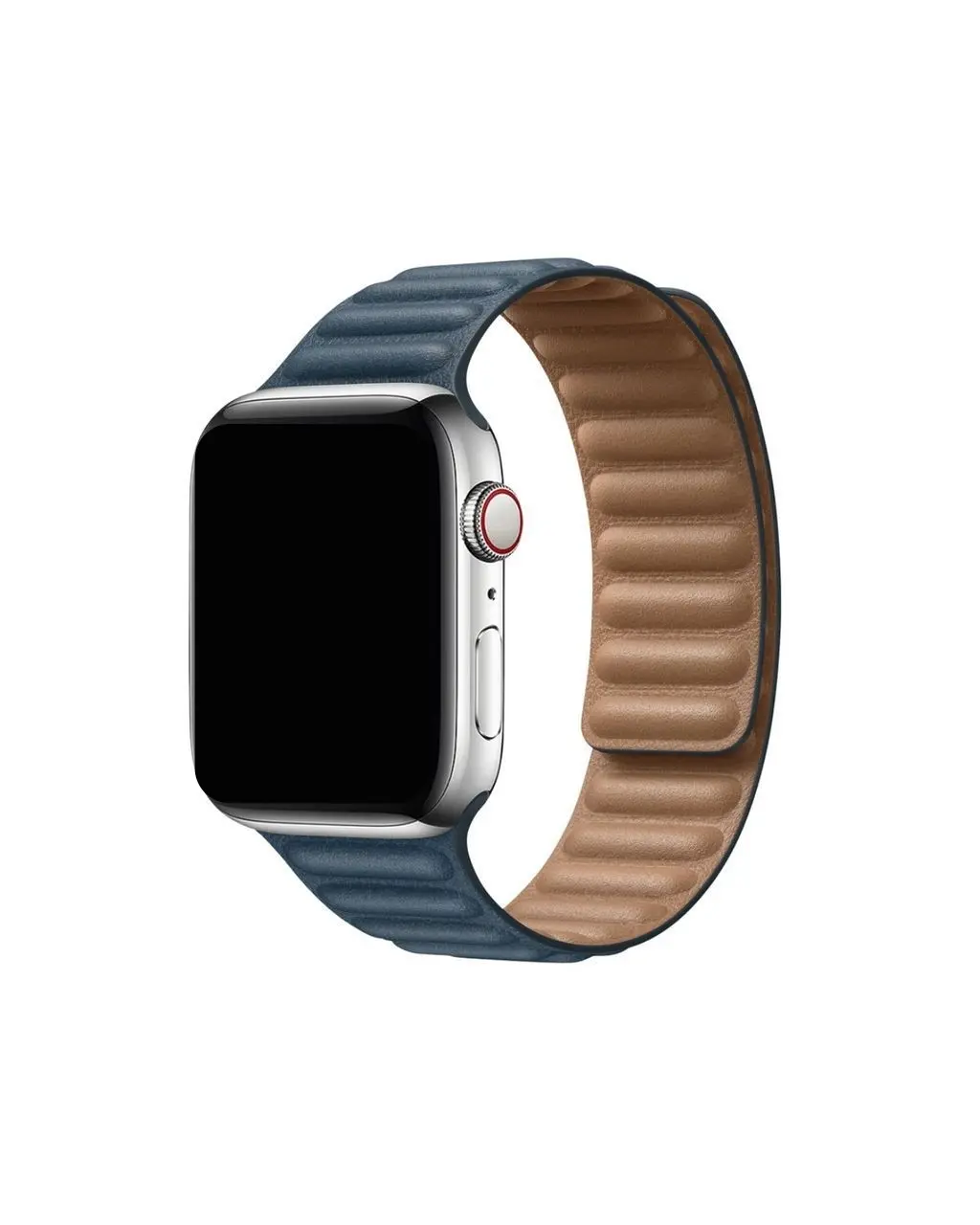 Apple Watch Leather Link band in Baltic Blue with tan leather design