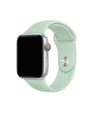Silver Apple Watch with beryl green sport band and red digital crown