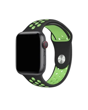 Black and lime green sport smartwatch band with perforated design and silver clasp