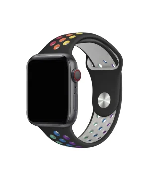 Black sport smartwatch band with colorful rainbow dot pattern design