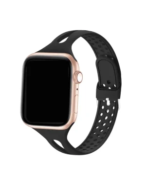 Rose gold smartwatch with black silicone sport band and perforated strap design