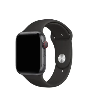 Black sport band smartwatch with red digital crown and aluminum case