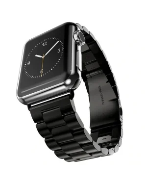 Stainless steel smartwatch with black metal band and analog watch face display