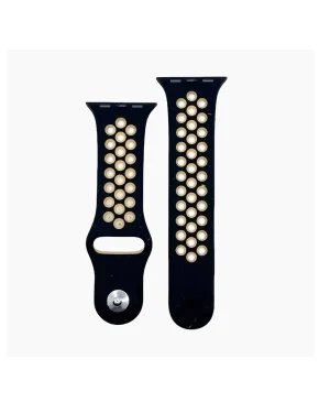Black sport watch band with gold luminous dots and metal connector clasp