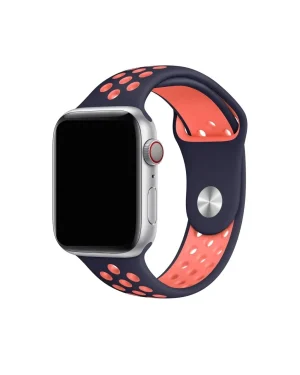Silver Apple Watch with navy blue and bright mango sport band strap