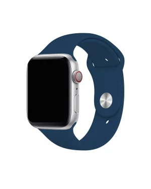 Silver smartwatch with navy blue sport band and red digital crown