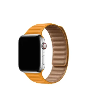 Smartwatch with silver case and golden yellow leather link band