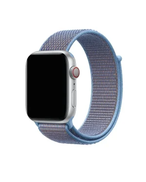 Apple Watch with blue woven sport loop band, silver aluminum case