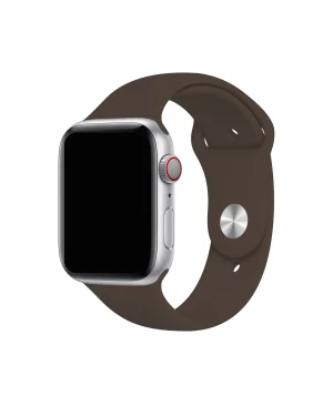 Silver Apple Watch with cocoa brown sport band and red digital crown