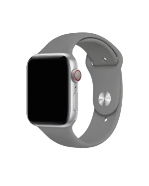 Silver aluminum smartwatch with concrete gray sport band and red crown