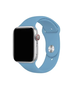 Silver smartwatch with cornflower blue sport band and red digital crown