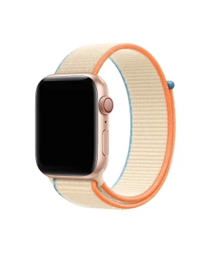 Rose gold Apple Watch with cream and orange sport loop band