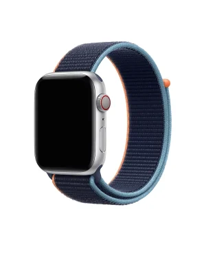 Apple Watch silver case with deep navy and light blue sport loop band