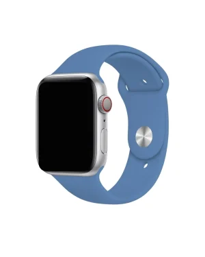 Silver smartwatch with denim blue sport band and red digital crown