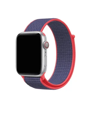 Apple Watch silver case with electric pink and navy sport loop band