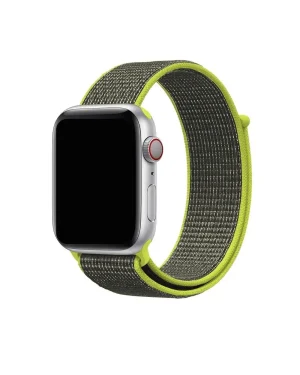 Apple Watch silver aluminum case with neon yellow and gray sport loop band