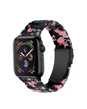 Black smartwatch with pink floral resin crystal band strap