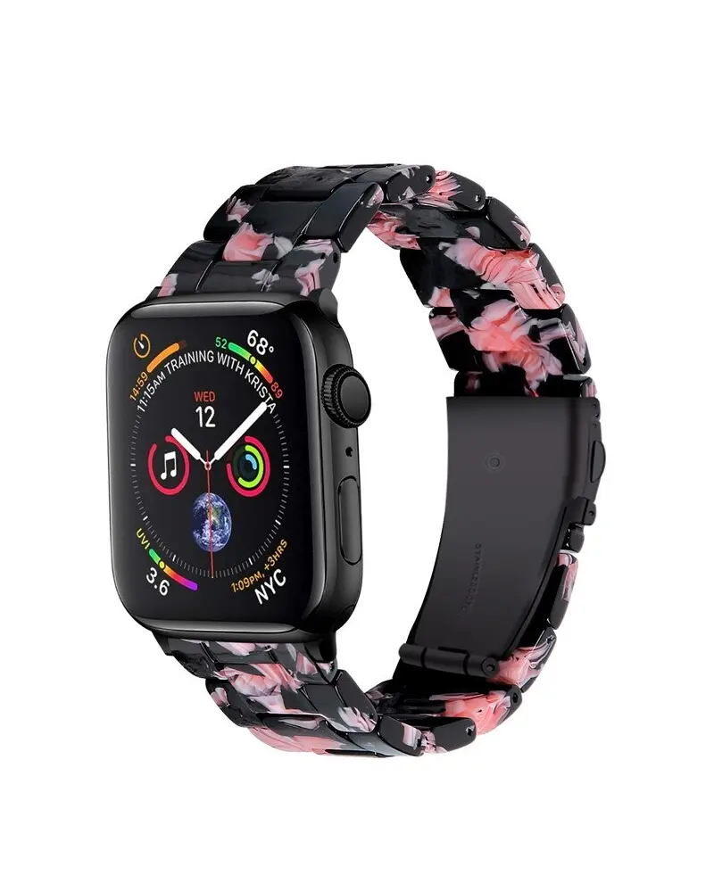 Black smartwatch with pink floral resin crystal band strap