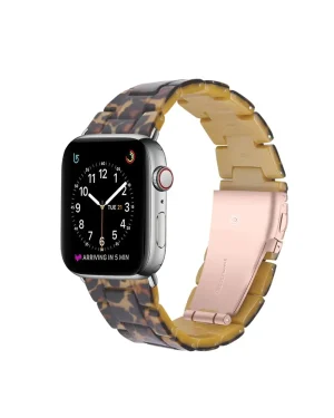 Apple Watch crystal band leopard tortoiseshell with pink metal clasp connector