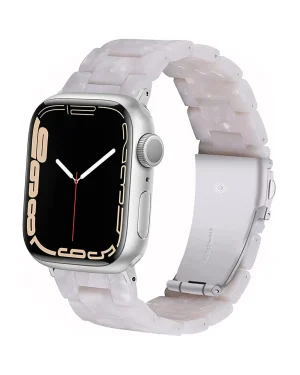 Silver smartwatch with pearl white crystal band and black dial display