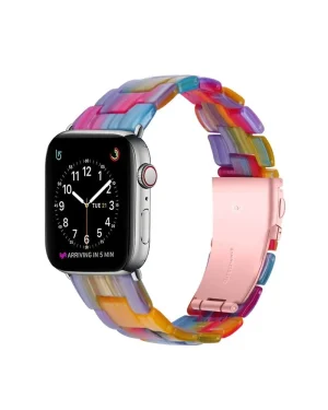 Rainbow crystal smartwatch band with colorful geometric pattern and pink clasp