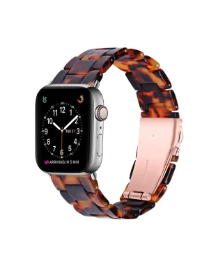 Tortoiseshell resin smartwatch band with rose gold stainless steel connector