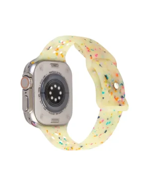 Yellow silicone smartwatch band with colorful glitter confetti design and rose gold accents
