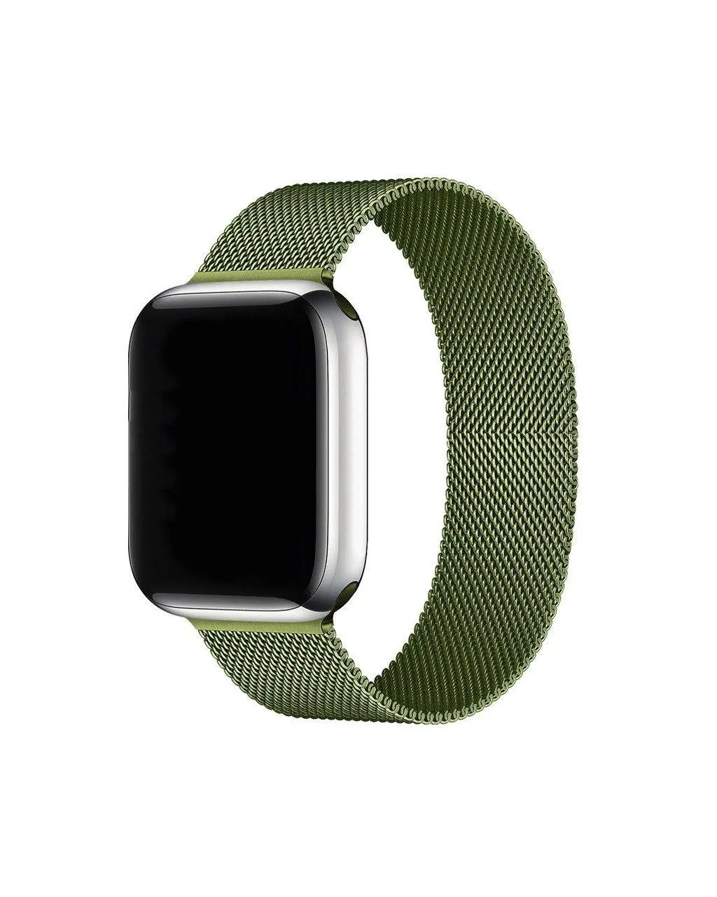Smartwatch with grass green Milanese loop mesh band and silver case