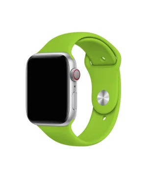Silver smartwatch with bright green sport band and red digital crown