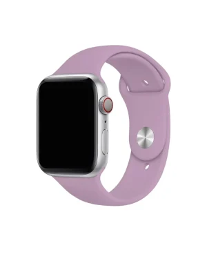 Silver Apple Watch with lavender silicone sport band and red digital crown