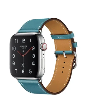 Hermès Apple Watch with teal leather band and silver stainless steel case