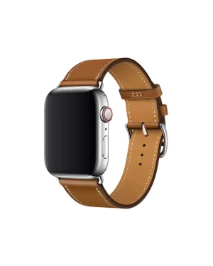 Silver smartwatch with tan leather strap and stainless steel buckle closure