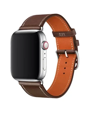 Apple Watch leather band, brown and orange two-tone design with buckle