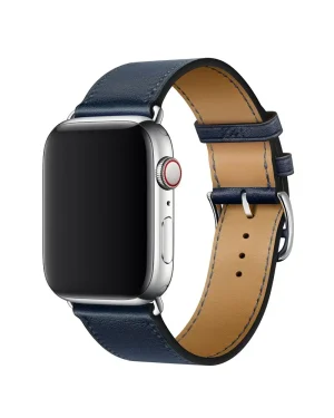 Silver smartwatch with navy blue leather band and buckle closure
