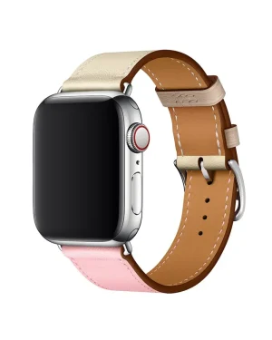 Silver smartwatch with tan leather band and pink leather strap detail