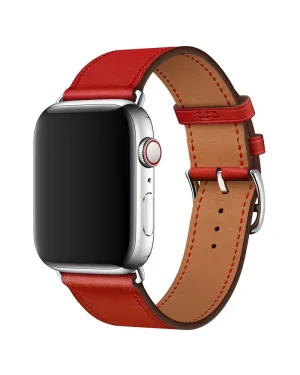 Red leather smartwatch band with silver buckle closure for Apple Watch