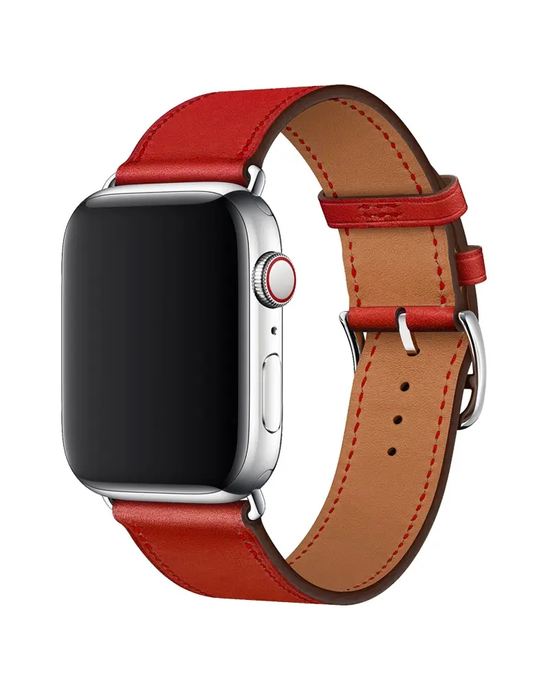 Red leather smartwatch band with silver buckle closure for Apple Watch
