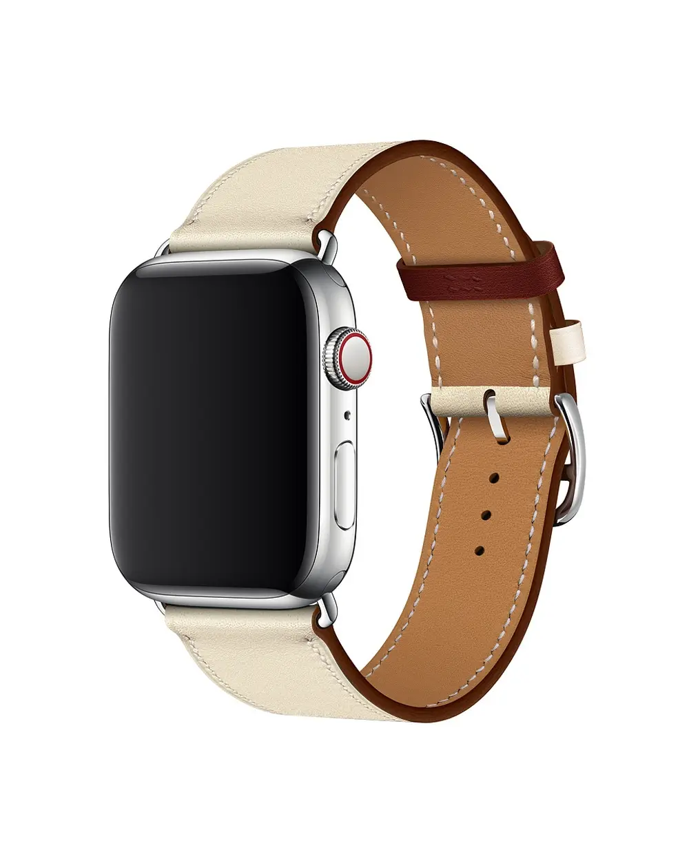 Cream leather Apple Watch band with burgundy accent and silver buckle