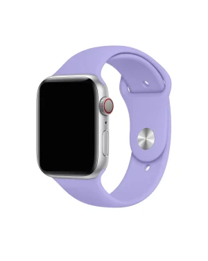 Silver smartwatch with lavender sport band and red digital crown