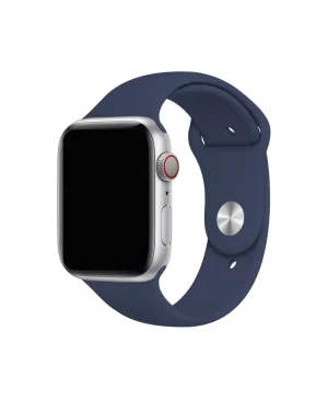 Silver smartwatch with midnight blue sport band and red digital crown