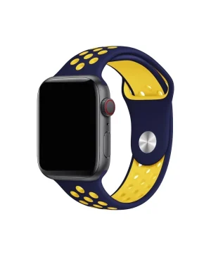 Navy blue and yellow sport smartwatch band with perforated design holes