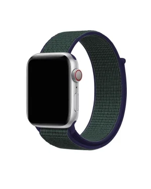 Silver Apple Watch with midnight fog green sport loop band