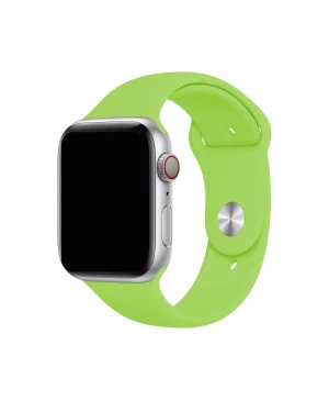 Silver smartwatch with bright green silicone sport band and red crown button