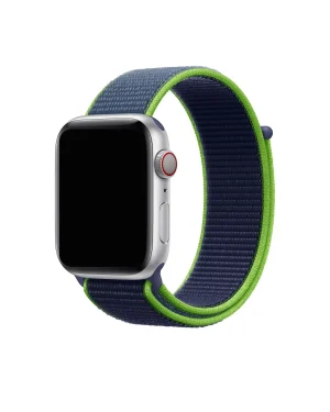 Silver smartwatch with neon lime and navy sport loop band