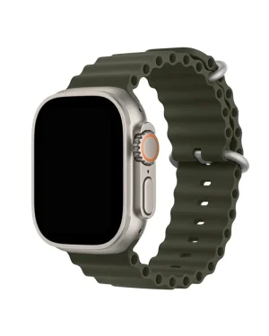 Smartwatch with silvery case and textured army green silicone ocean band